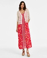 Liverpool Los Angeles Womens Floral Print Spaghetti Strap Maxi Dress Crochet Lace Short Sleeve Cotton Bolero Sweater
