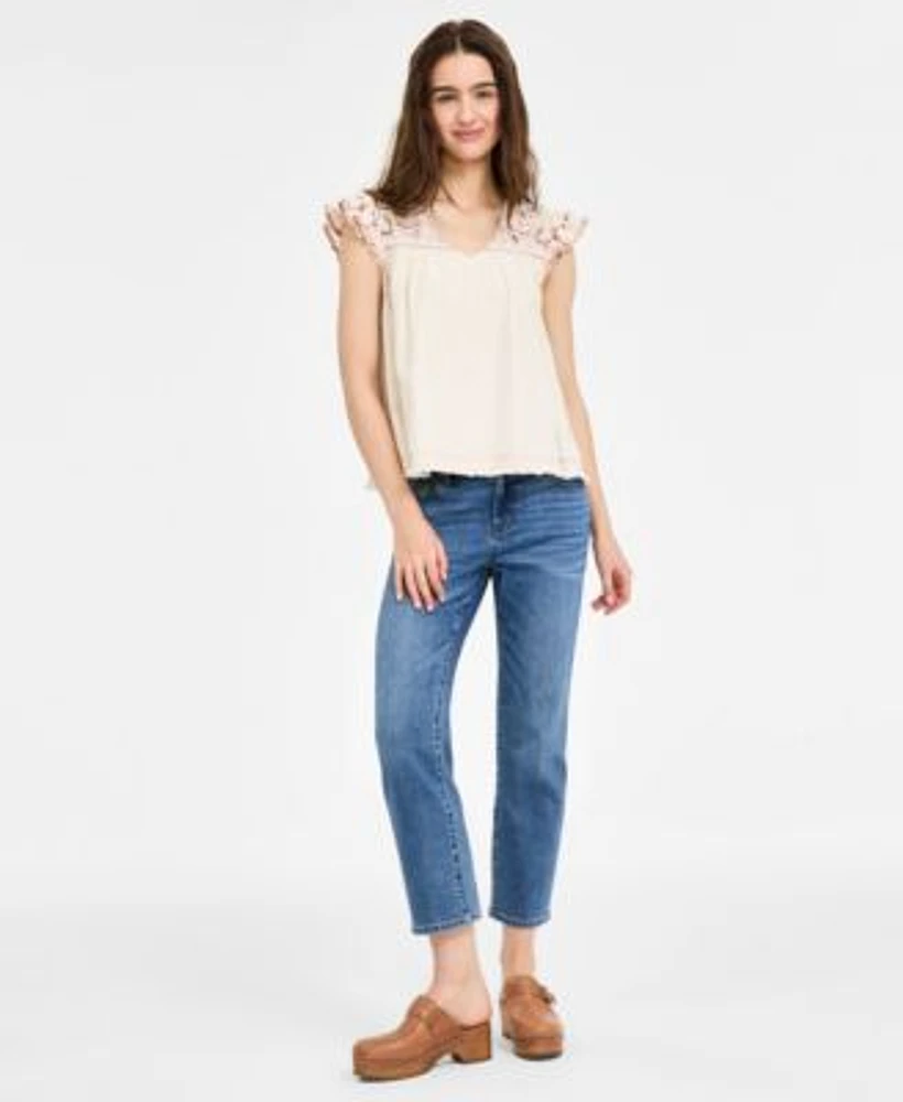 Liverpool Los Angeles Womens Flutter Sleeve V Neck Embroidered Blouse Kennedy Cropped Straight Leg Denim Jeans