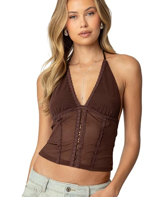 Edikted Womens Lucie Lacey Mesh Halter Top