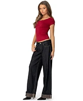 Edikted Women's Plaid Cuffed Low Rise Jeans