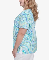 Alfred Dunner Plus Size Pleated Crew Neck Paisley Top