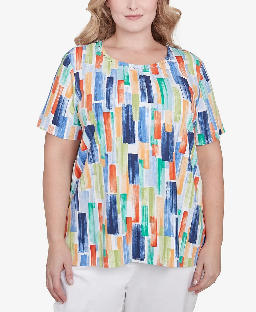 Alfred Dunner Plus Size Stained Glass Pleated Crew Neck Top