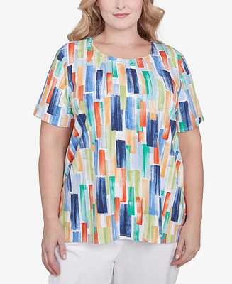 Alfred Dunner Plus Stained Glass Pleated Crew Neck Top