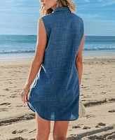 Cupshe Women's Indigo Sleeveless Collared Cover-Up Mini Beach Dress