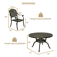 5pcs Patio Dining Set Cast Aluminium Outdoor Bistro 4 Chairs & 47 Inches Round Table for Balcony Porch Back