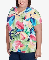 Alfred Dunner Plus Tropical Leaf Split Beaded Neck Top