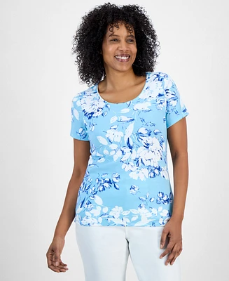 Style & Co Petite Floral-Print Scoop-Neck Short-Sleeve Knit Top, Exclusively at Macy's