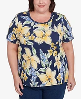 Alfred Dunner Plus Navy Floral Braided Crew Neck Top