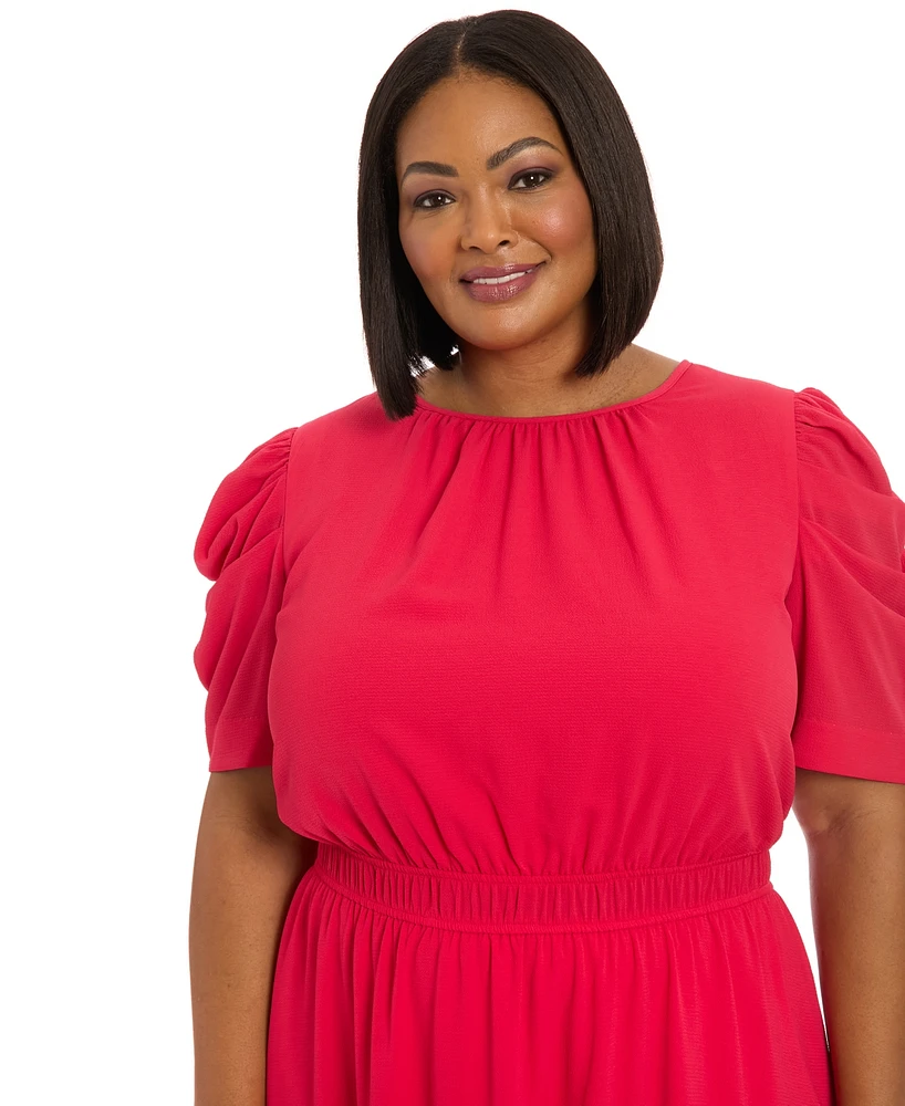 London Times Plus Gathered-Sleeve Smocked-Waist Dress