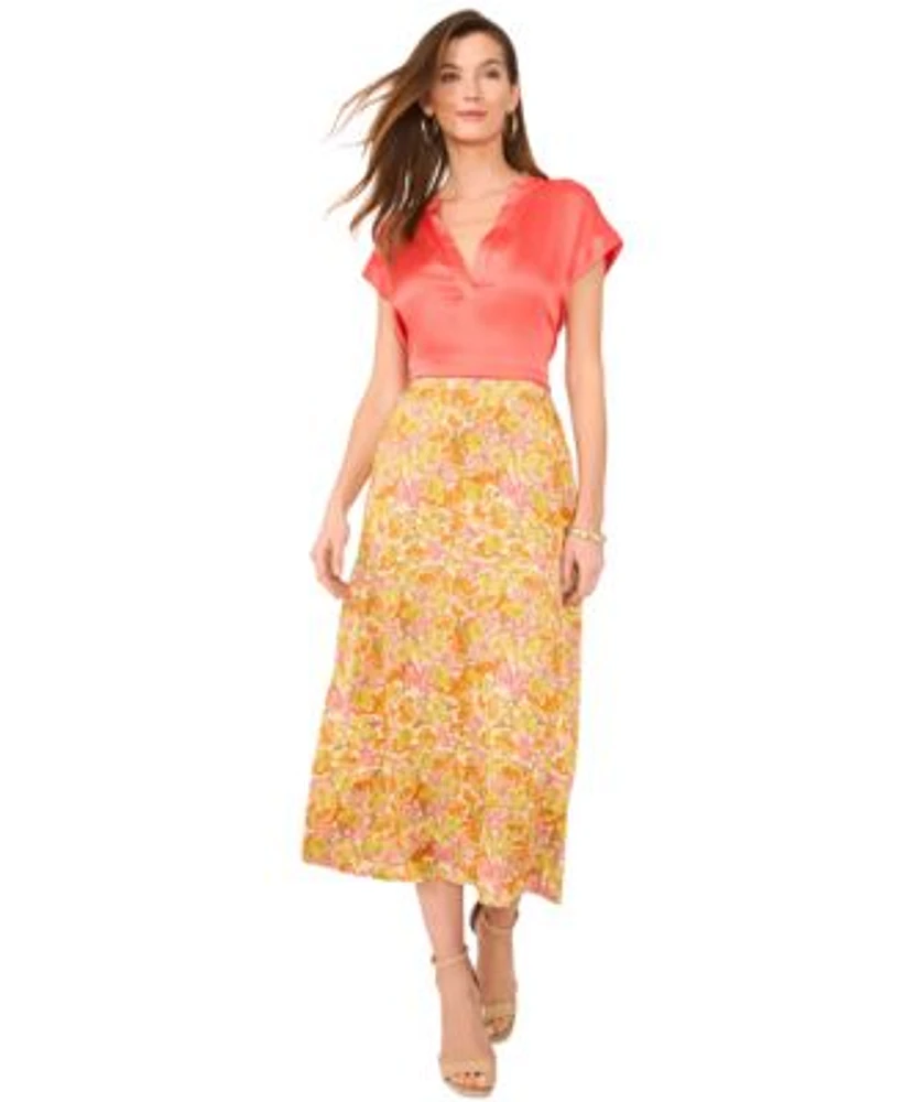 Vince Camuto Womens Split Neck Cap Sleeve Top Printed Midi Skirt