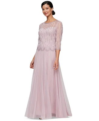 Alex Evenings Women's Beaded-Bodice Chiffon Evening Gown