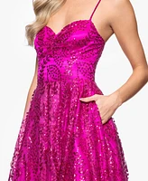 Blondie Nites Juniors' Glitter Draped-Neck Gown