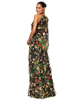 Betsy & Adam Petite Printed Ruffled Halter-Neck Gown