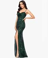 Blondie Nites Juniors' Sequin Draped-Neck Side-Slit Gown