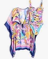 Bleu By Rod Beattie Womens Living Color Ruched One Piece Swimsuit Caftan Swim Cover Up