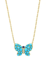 Effy Turquoise, Sapphire Accent, & Diamond Accent Butterfly Pendant Necklace in 14k Gold, 17" + 1" extender