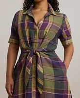 Lauren Ralph Plus Plaid Tie-Front Linen Shirtdress