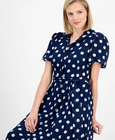 Sandra Darren Petite Dot-Print Puff-Sleeve Button-Down Midi Dress