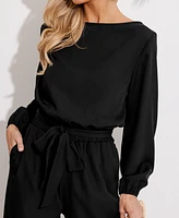 Women's Long Sleeve Belted Jumpsuit