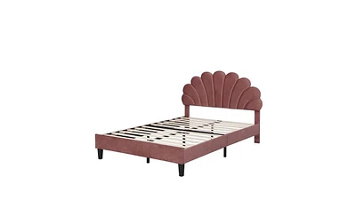 Slickblue Upholstered Platform Bed with Flower Pattern Velvet Headboard