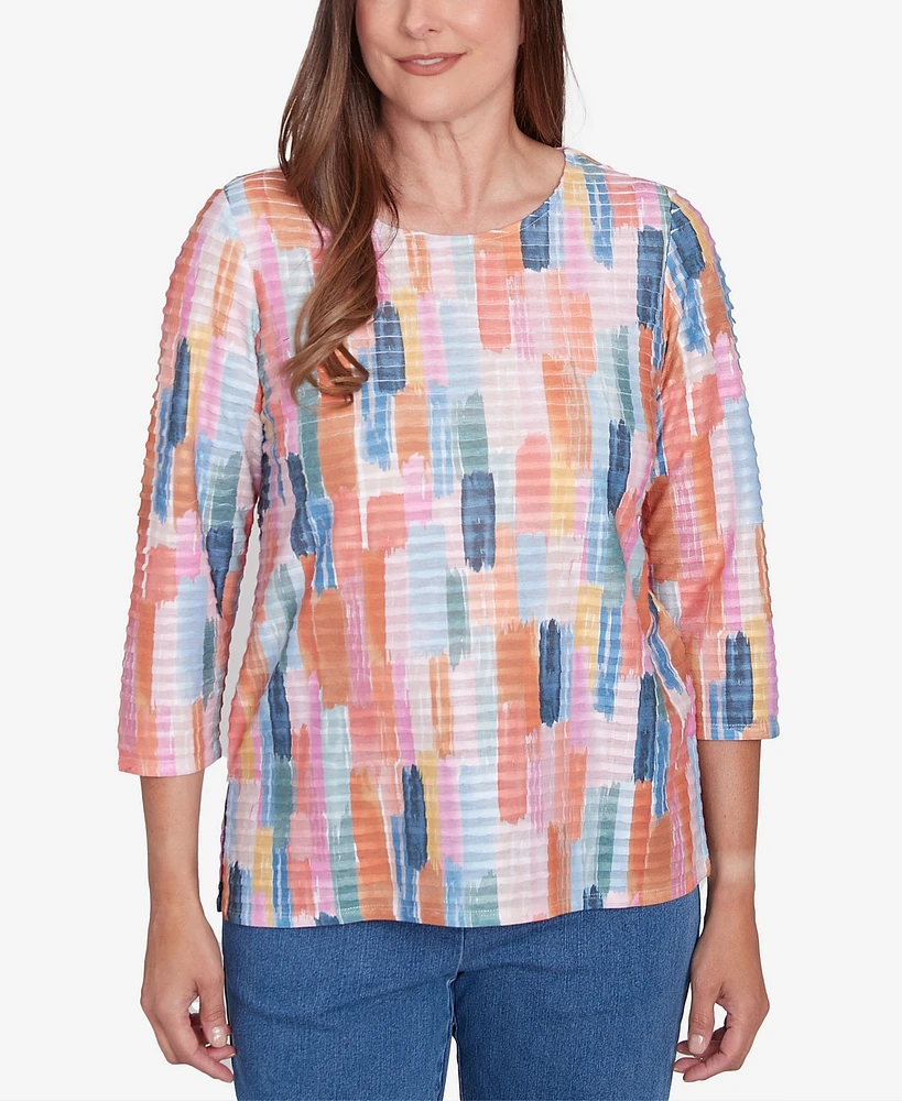 Alfred Dunner Petite Free Spirit Mini Ruffle Brushstroke Crew Neck Top