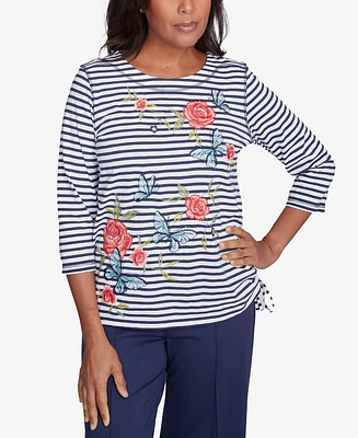 Alfred Dunner Petite Free Spirit Striped Butterfly Embroidered Top