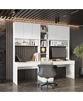 Famapy 94.5 in. W Large 2 in. 1 Wood Double Computer Desk White Writing Desk 86.6 in. Tall Bookshelf, Drawers Home Office