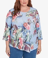 Alfred Dunner Plus Free Spirit Tropical Print Knit Top with Necklace