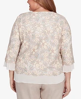 Alfred Dunner Plus Kensington Gardens Floral Lace Woven Trim Top with Necklace