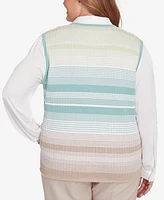 Alfred Dunner Plus Kensington Gardens Striped Vest Collared Two One Sweater with Necklace