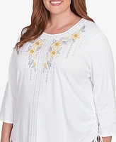 Alfred Dunner Plus Dress Code Linear Knit Floral Embroidered Crew Neck Top