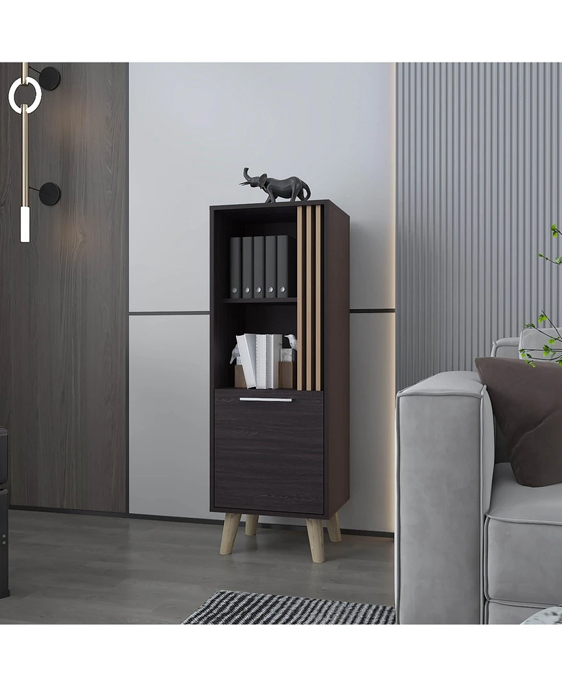 Fm Furniture Ac Chin Storage Cabinet with a Door and Open Storage, Wengue + Natural Oak