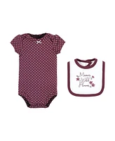 Hudson Baby Girls Cotton Sleep and Play, Bodysuit Bandana Bib Set, Plum Wildflower, 0-3 Months