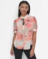 Dkny Women's Printed Puff-Sleeve Button-Front Blouse