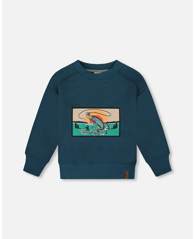 Deux par Toddler Boys Pullover French Terry Graphic Sweatshirt Teal And Peach - Toddler|Child