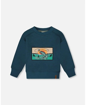 Deux par Toddler Boys Pullover French Terry Graphic Sweatshirt Teal And Peach - Toddler|Child