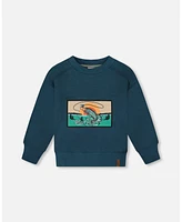 Deux par Toddler Boys Pullover French Terry Graphic Sweatshirt Teal And Peach - Toddler|Child