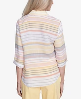 Alfred Dunner Petite Dress Code Button Down Striped Cuffed Sleeve Top