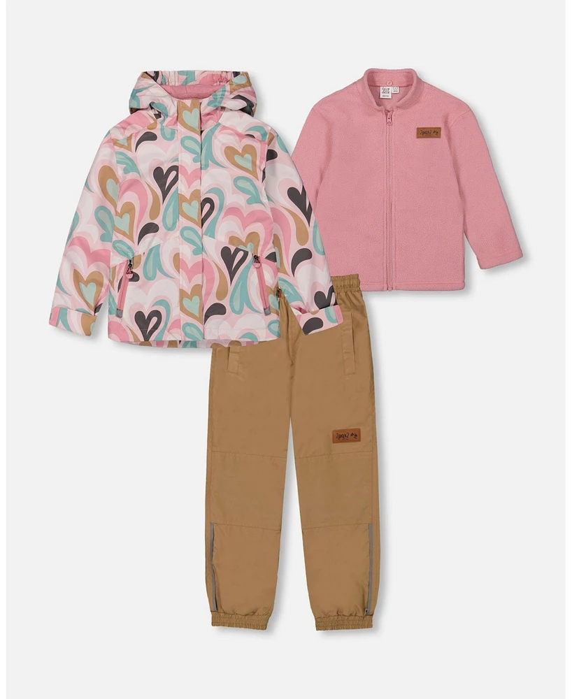 Deux par Baby Girls 3-In-1 Mid-Season Outerwear Set With Printed Jacket Light Pink And Beige Pant