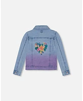 Deux par Girl Denim Jacket With Embroidery Floral Jeans Blue - Toddler|Child