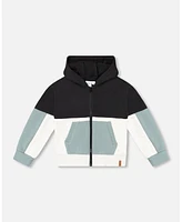 Deux par Big Boys French Terry Color Block Full Zip Hoodie Cardigan Sweatshirt Black, Teal And Shimmer