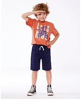 Deux par Toddler Boys Organic Cotton Graphic Tee Orange And Navy Dino - Toddler|Child