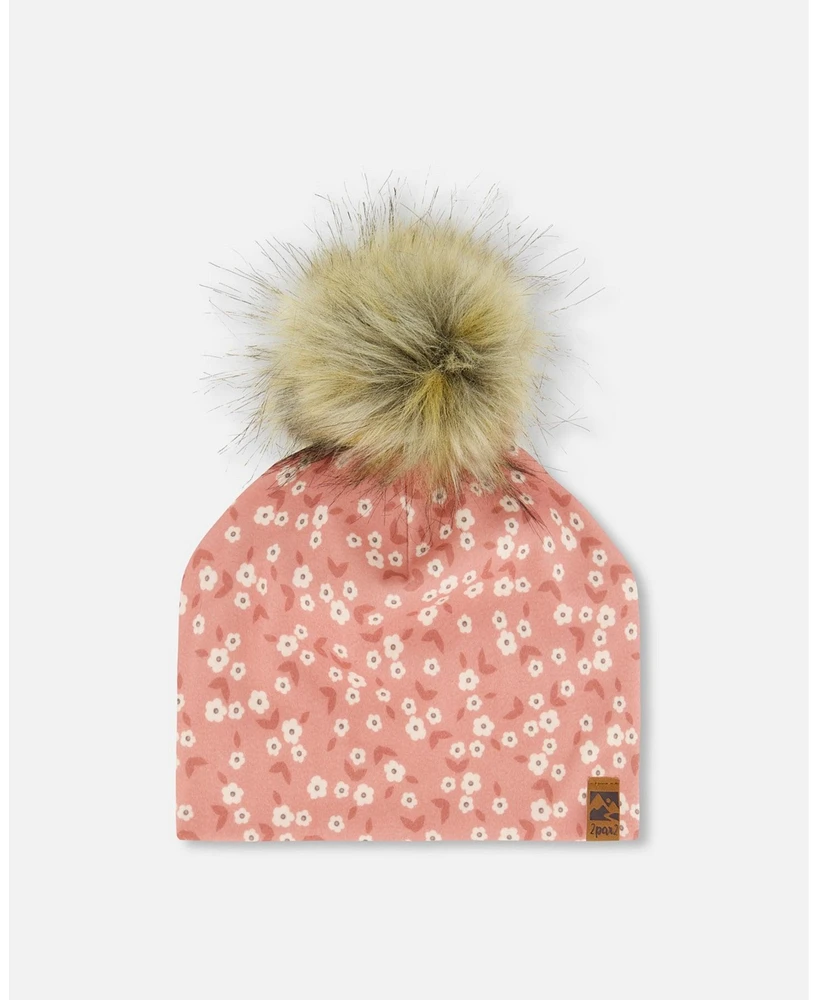 Deux par Girl Printed Jersey Detachable Pompom Hat Small White Flowers On Pale Pink - Toddler|Child