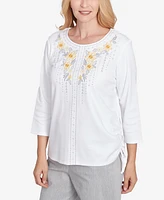 Alfred Dunner Petite Dress Code Linear Knit Floral Embroidered Crew Neck Top