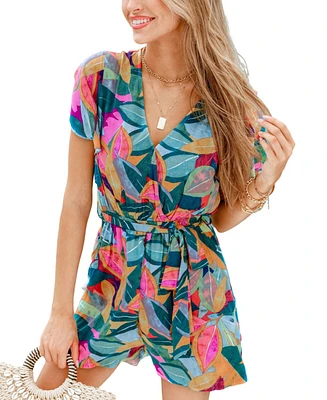 Women's Bright Palms Surplice Straight Leg Romper