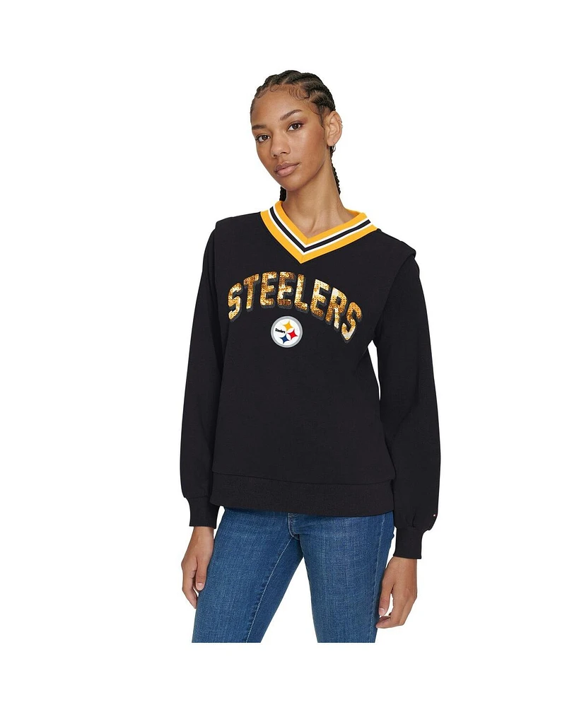 Tommy Hilfiger Women's Black Pittsburgh Steelers Alice V-Neck Pullover Sweatshirt