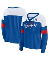 Fanatics Women's Blue New York Rangers Take the Shot Long Sleeve Lace-Up V-Neck T-Shirt