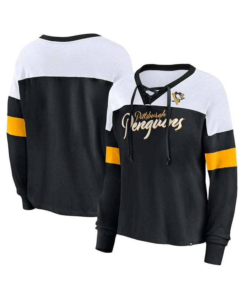 Fanatics Women's Black Pittsburgh Penguins Take the Shot Long Sleeve Lace-Up V-Neck T-Shirt