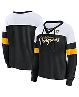 Fanatics Women's Black Pittsburgh Penguins Take the Shot Long Sleeve Lace-Up V-Neck T-Shirt