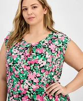 Kasper Plus Floral Keyhole-Neck Cap-Sleeve Top